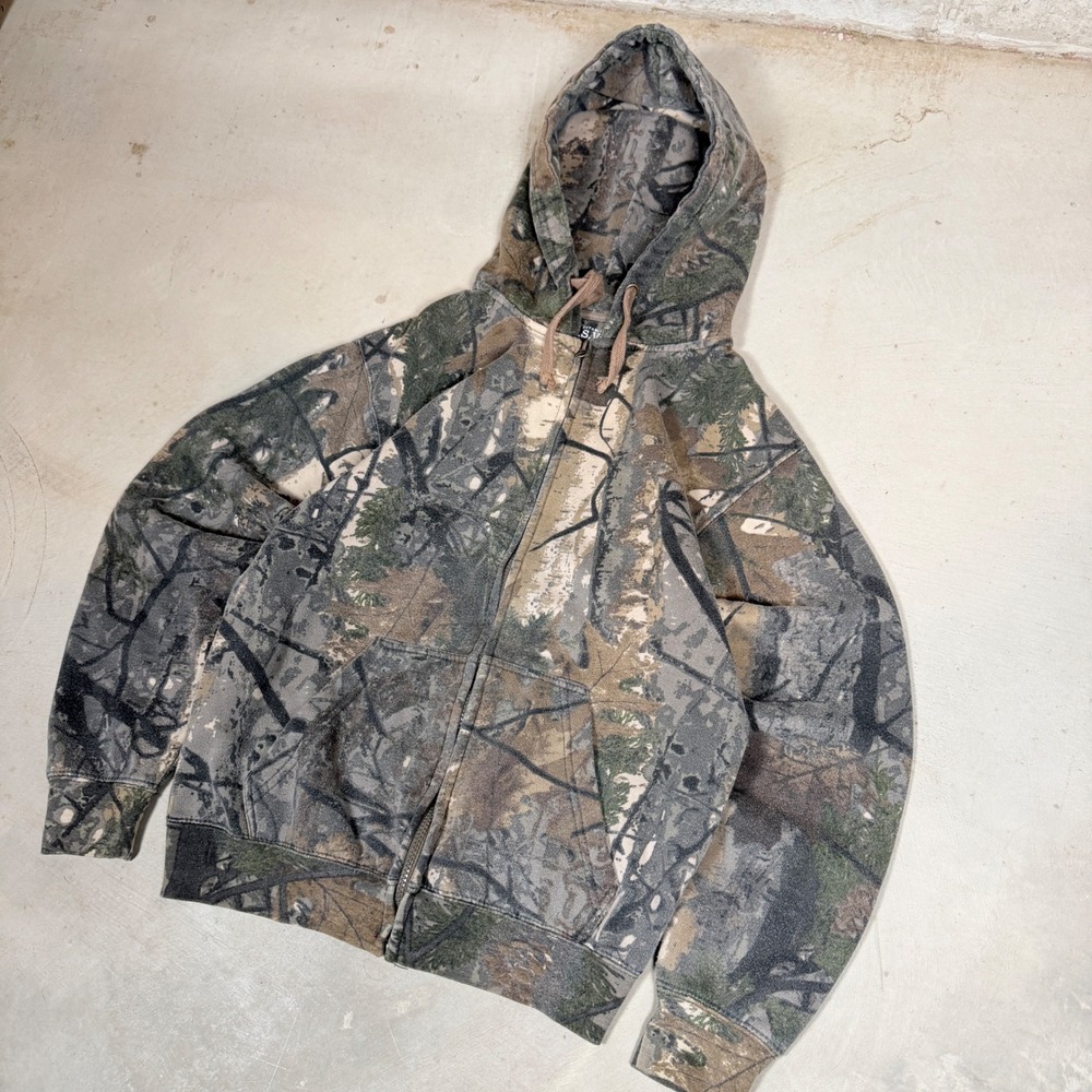 US Vintage Mens Camo Full Zip Hoodie Real Tree Forest Camouflage Sweatshirt S